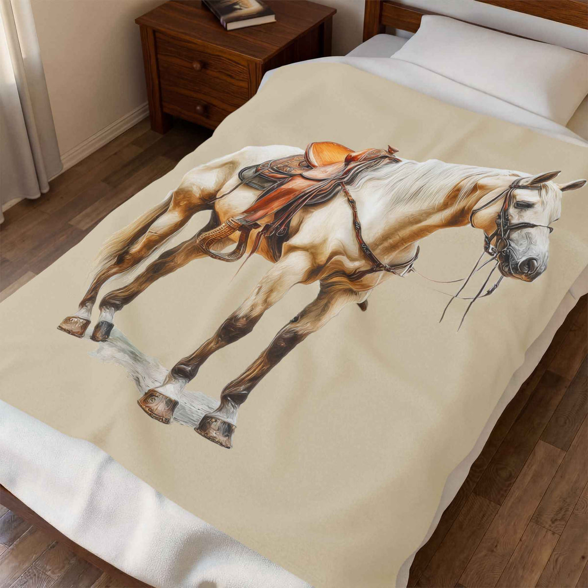 Velveteen Plush Blanket - Saddled Horse Illustration Cozy Throw