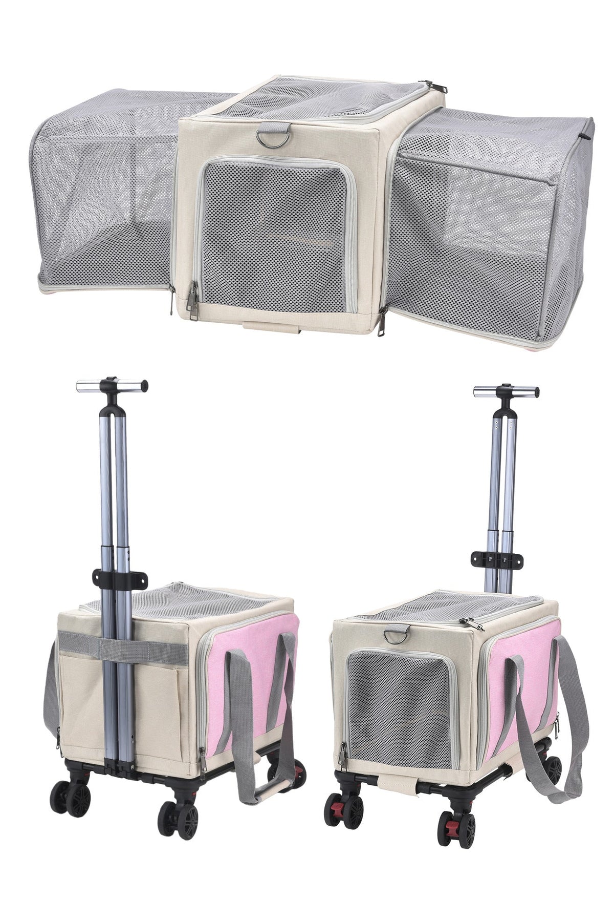 Rolling Pet Carrier with Wheels - 3-Sided Expandable Travel Bag Cats Dogs