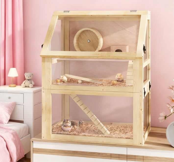 Hamster Cage 3 Tier Wooden - Deep Base Toys Wheel Included