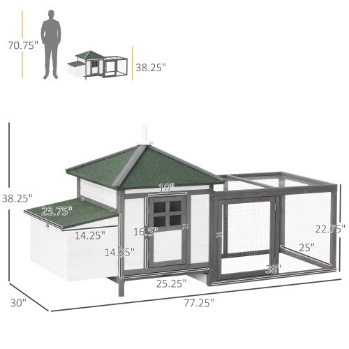 Wooden Chicken Coop - 77" with Nesting Boxes & Run