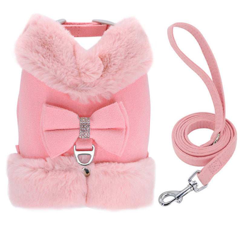 Warm Fur Collar Soft Padded Small Girl Pet Harness and Leash Set with Bow Tie