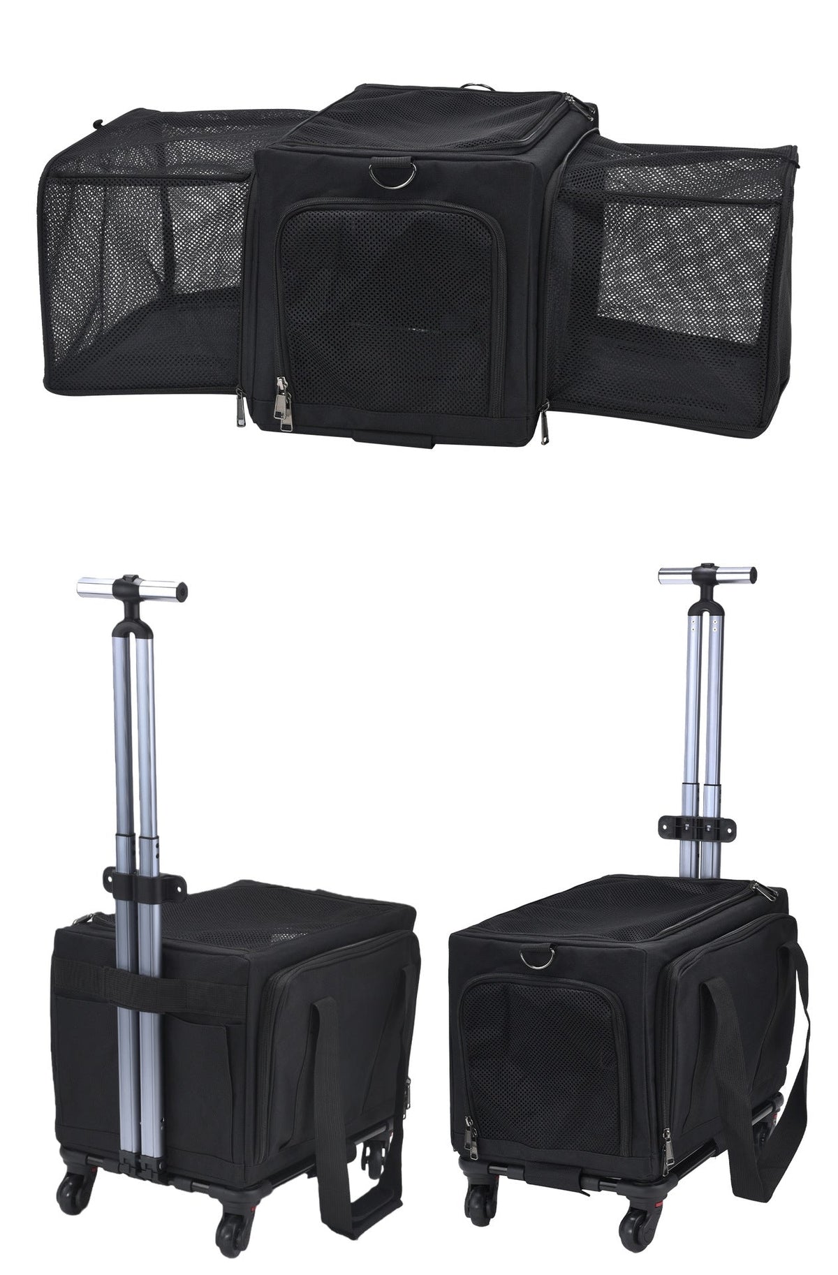 Rolling Pet Carrier with Wheels - 3-Sided Expandable Travel Bag Cats Dogs