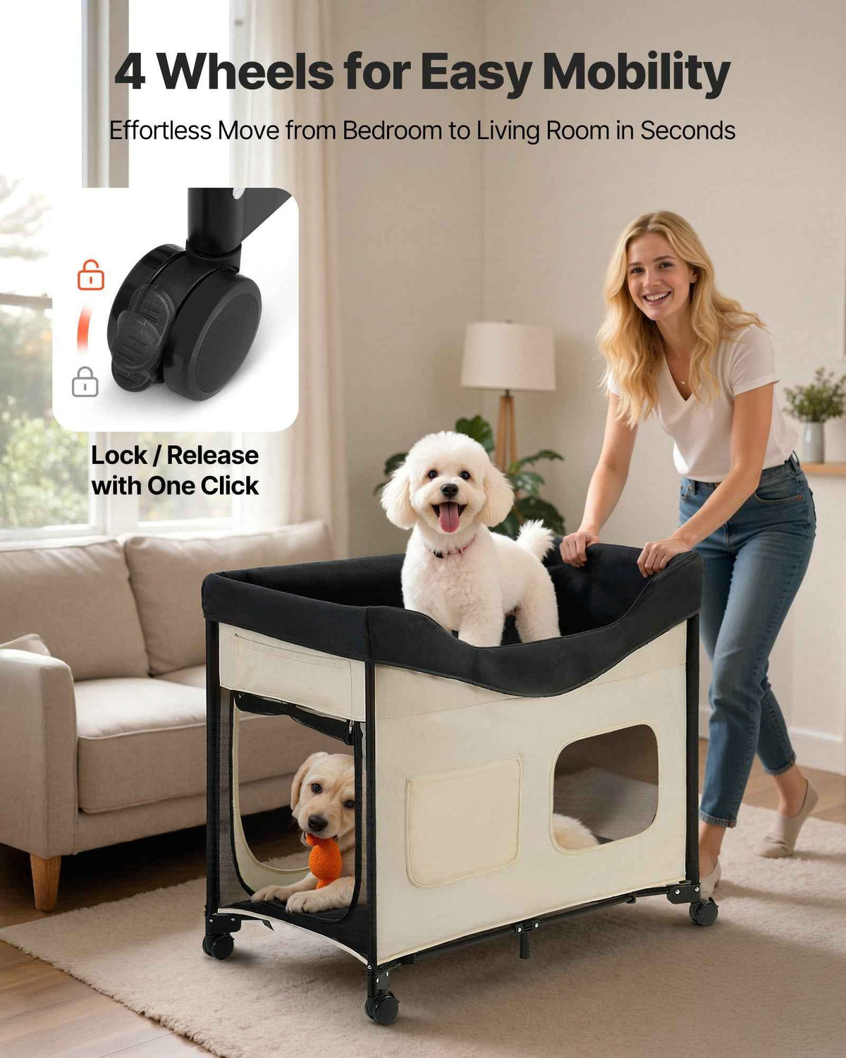 Elevated Bunk Dog Bed - Dual Level Bedside with Wheels