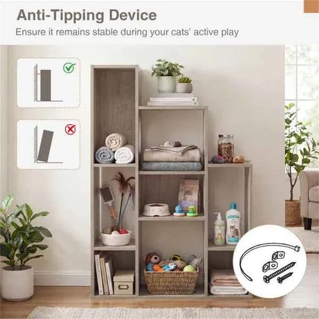 Cat Bookshelf Cabinet Gray Oak - Storage Climbing Platforms