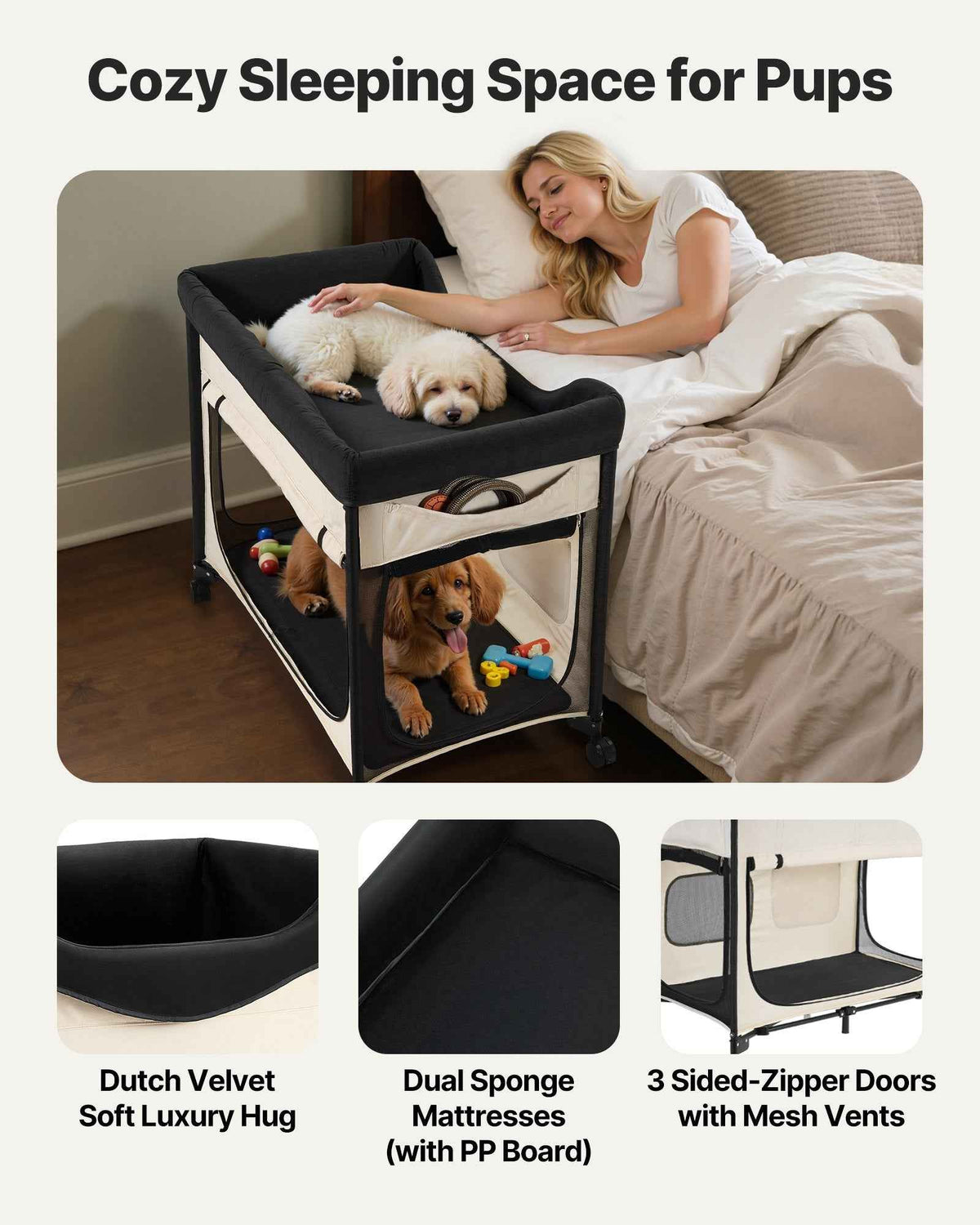 Elevated Bunk Dog Bed - Dual Level Bedside with Wheels