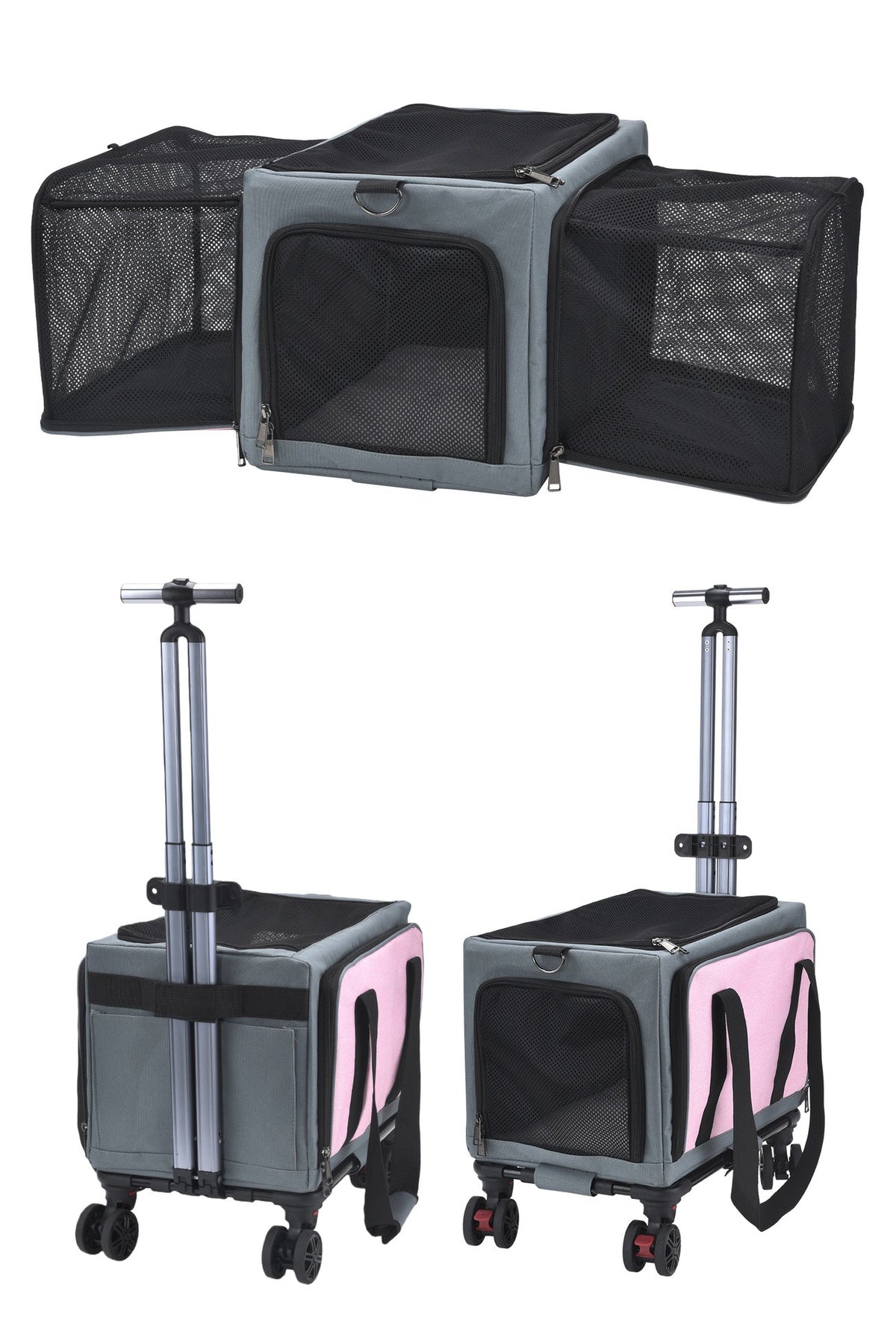 Rolling Pet Carrier with Wheels - 3-Sided Expandable Travel Bag Cats Dogs