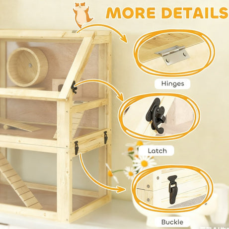 Hamster Cage 3 Tier Wooden - Deep Base Toys Wheel Included