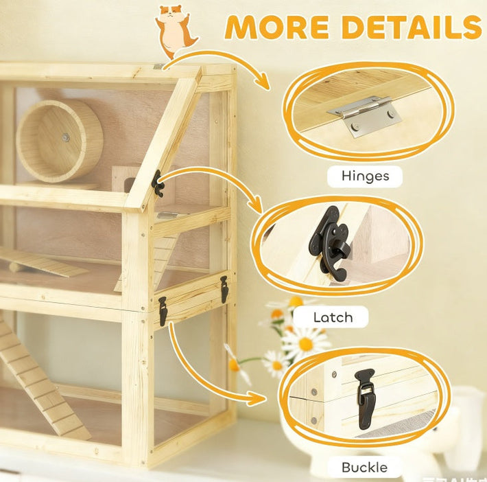 Hamster Cage 3 Tier Wooden - Deep Base Toys Wheel Included