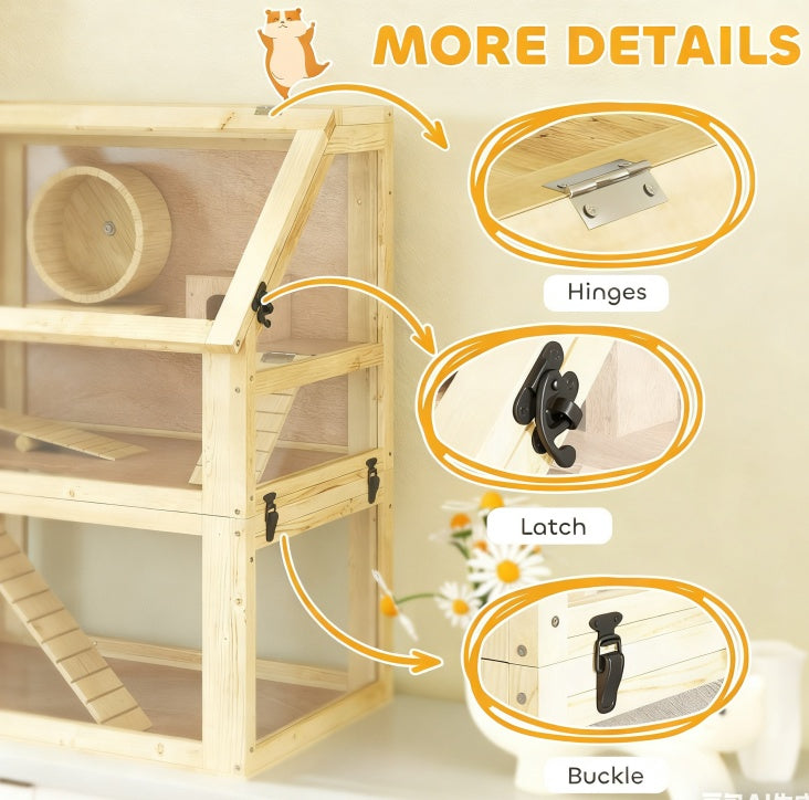 Hamster Cage 3 Tier Wooden - Deep Base Toys Wheel Included