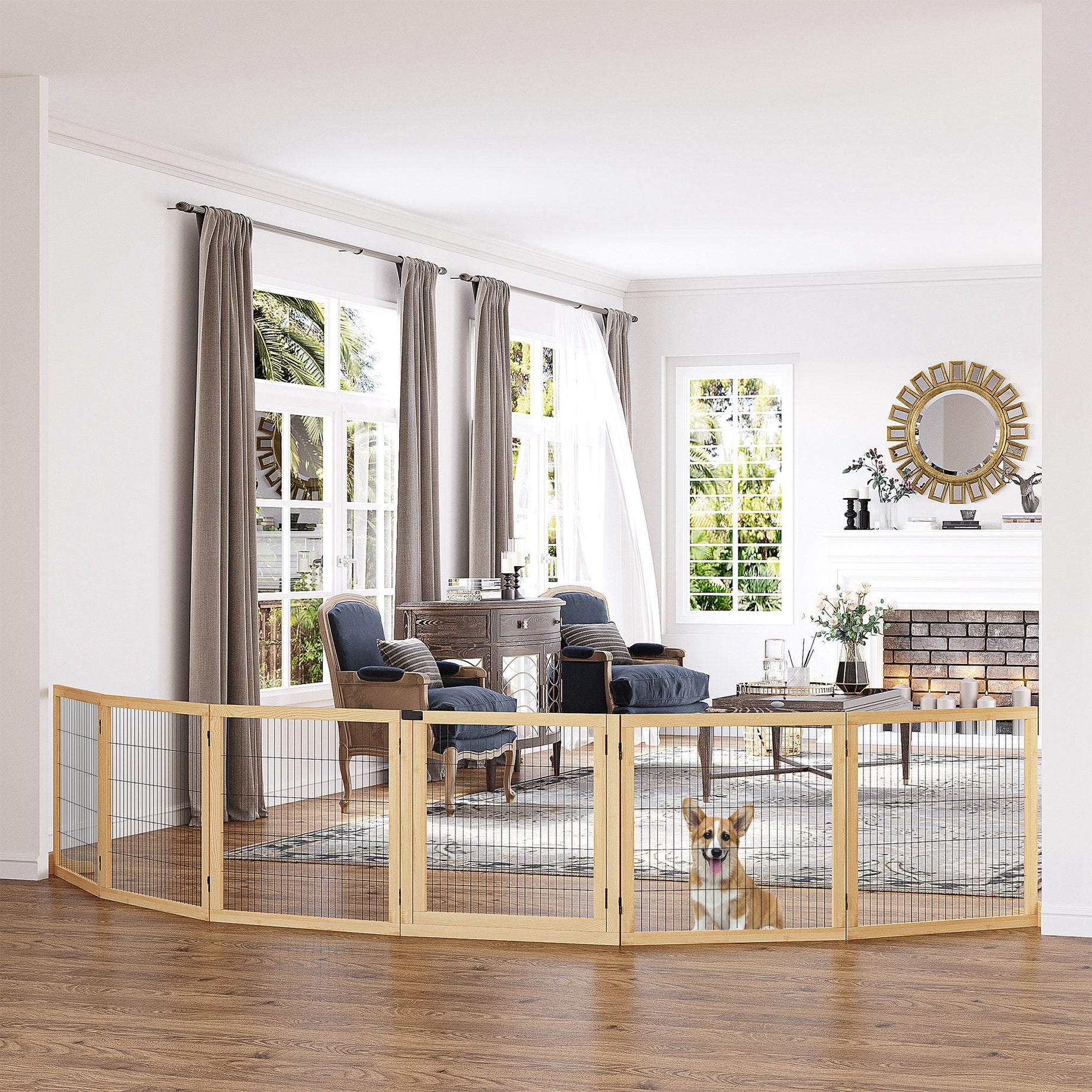 Freestanding Pet Gate 6-Panel - Wooden Dog Barrier for Doorways