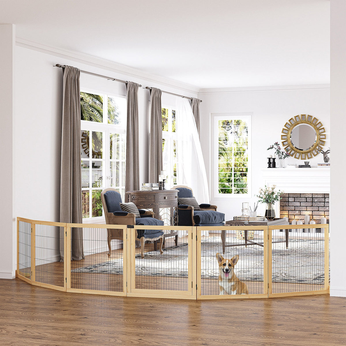 Freestanding Pet Gate 6-Panel - Wooden Dog Barrier for Doorways