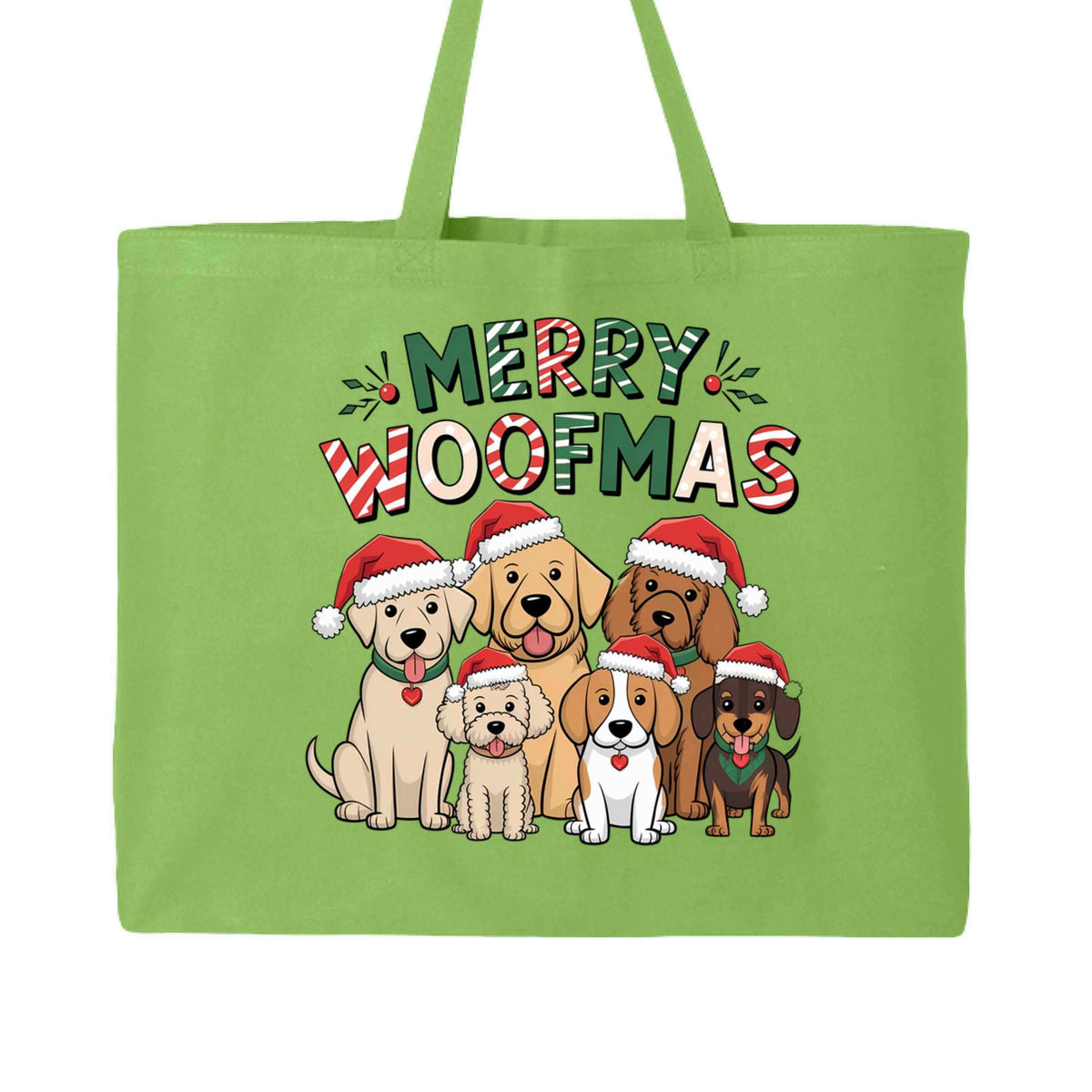 Merry Woofmas Holiday Tote with Festive Dogs - Canvas Gift Bag