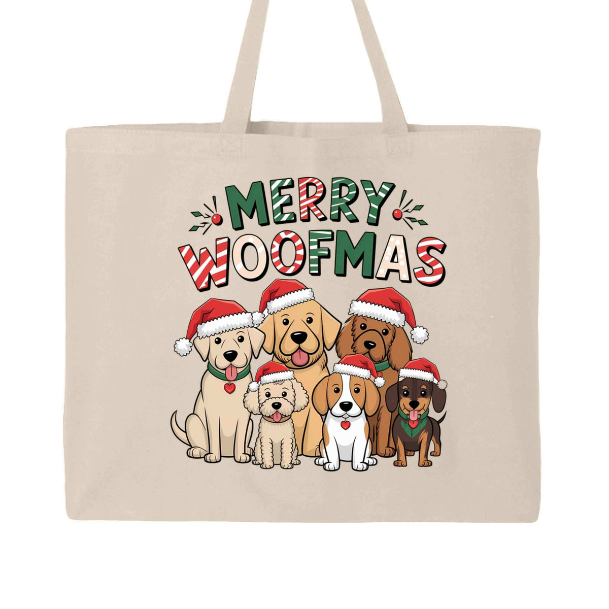 Merry Woofmas Holiday Tote with Festive Dogs - Canvas Gift Bag
