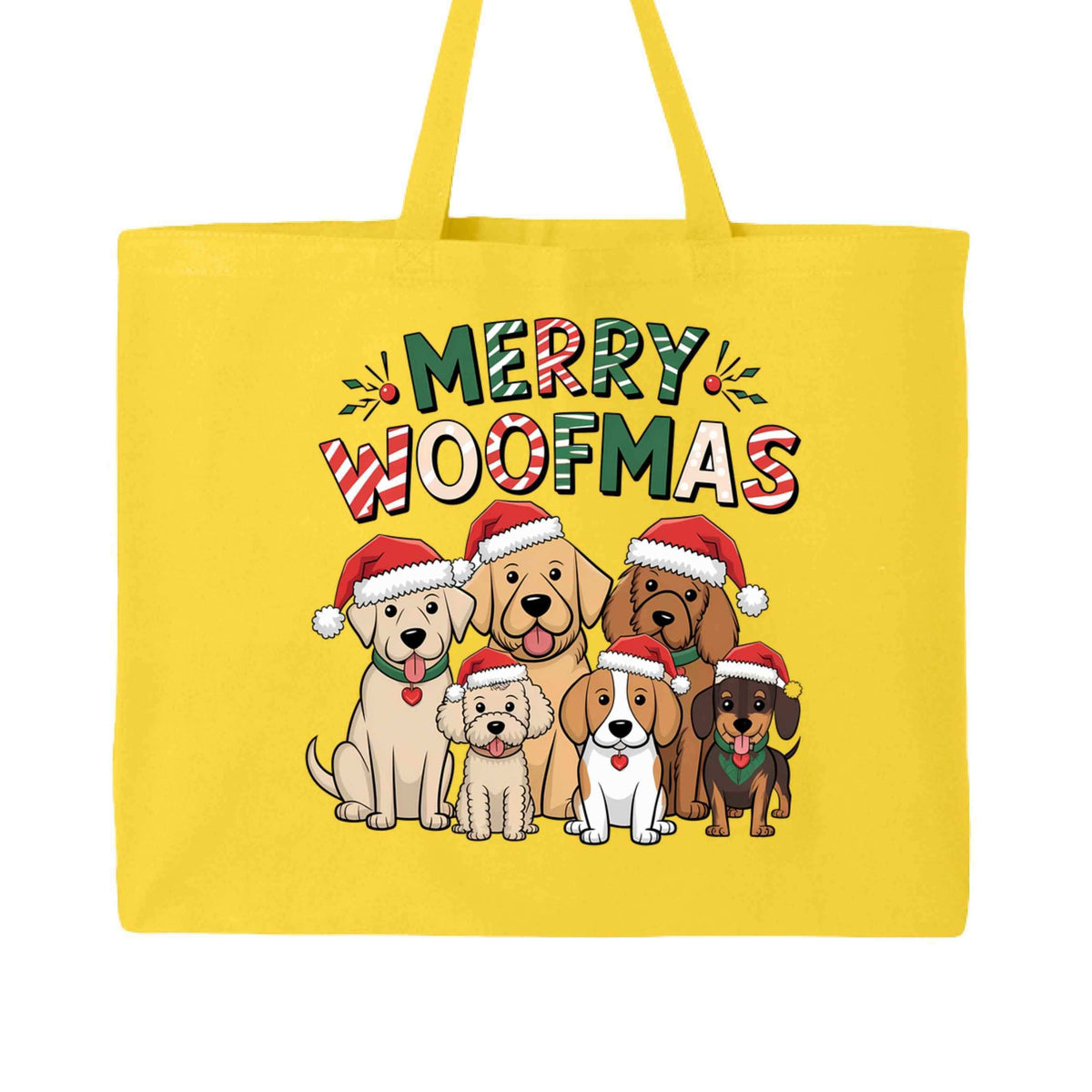 Merry Woofmas Holiday Tote with Festive Dogs - Canvas Gift Bag